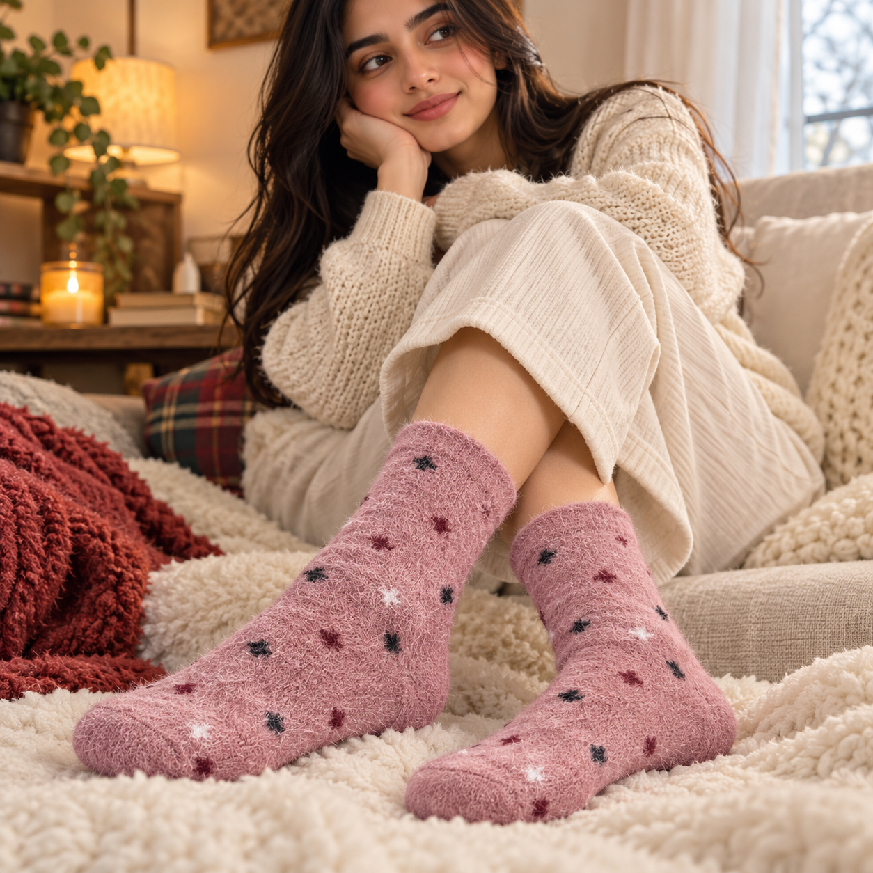 Ultra-Soft Fuzzy Polyamide Starry Bliss Crew Socks - Cozy Winter Warmth -PFN04