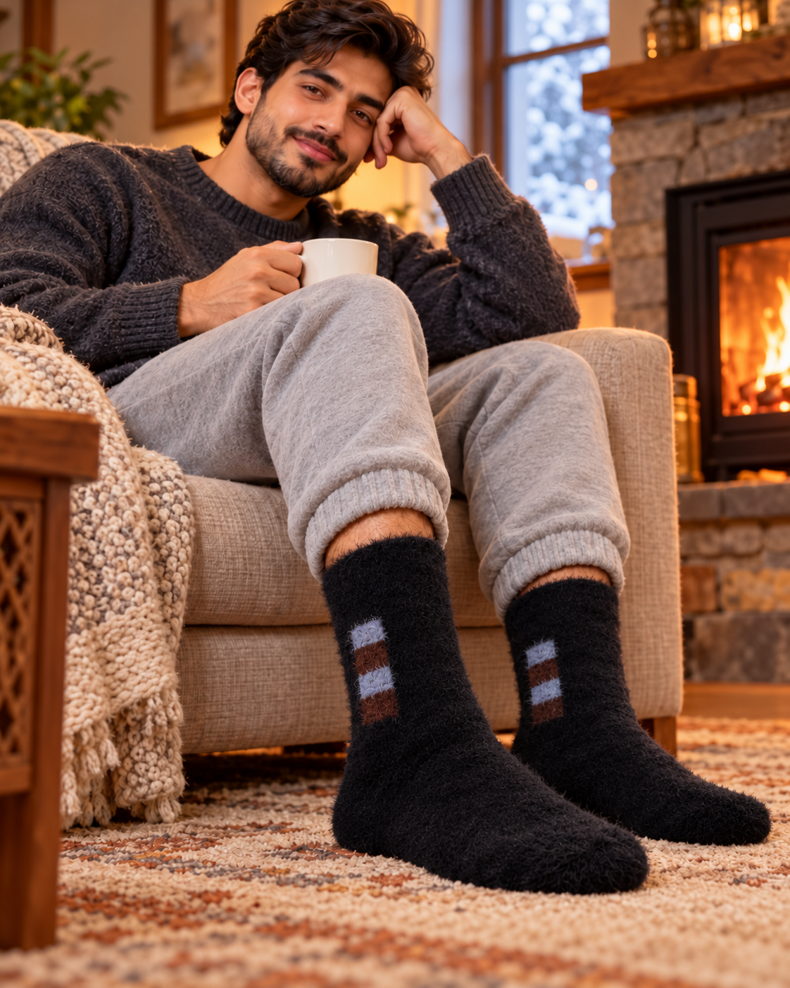 Men's Ultra-Soft Fuzzy Polyamide Crew Socks - Cozy Winter Warmth -MPF03