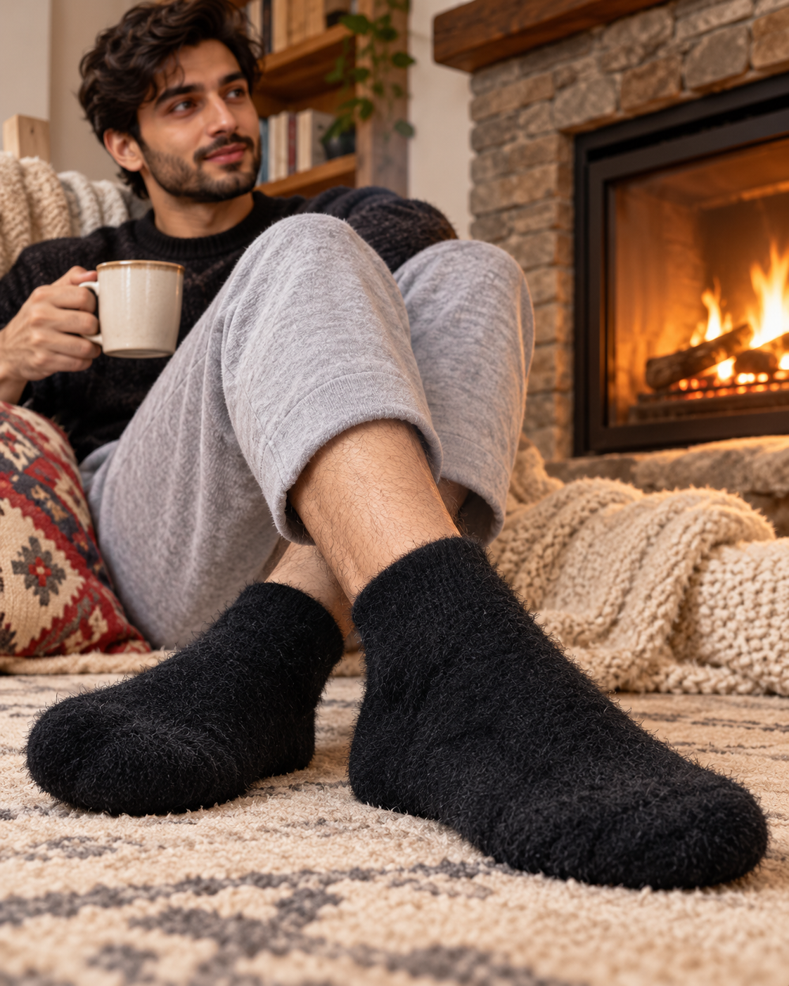 Men's Ultra-Soft Fuzzy Polyamide Ankle Plain Socks - Cozy Winter Warmth -MPF04