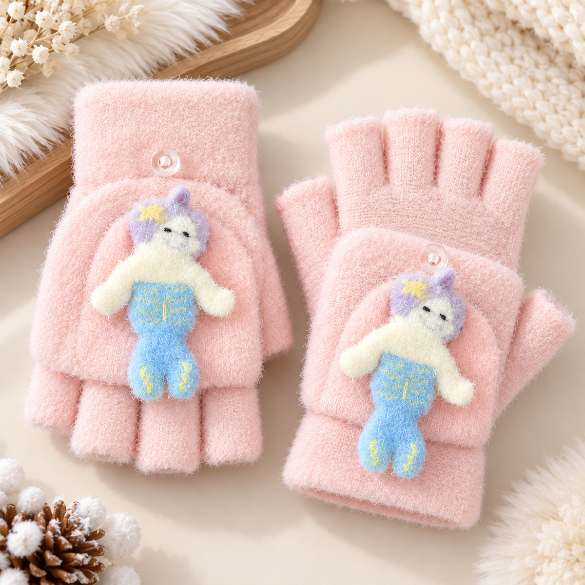 Kids Super Warm Plush Convertible Fingerless Gloves with Flip-Top Mittens | KGN09