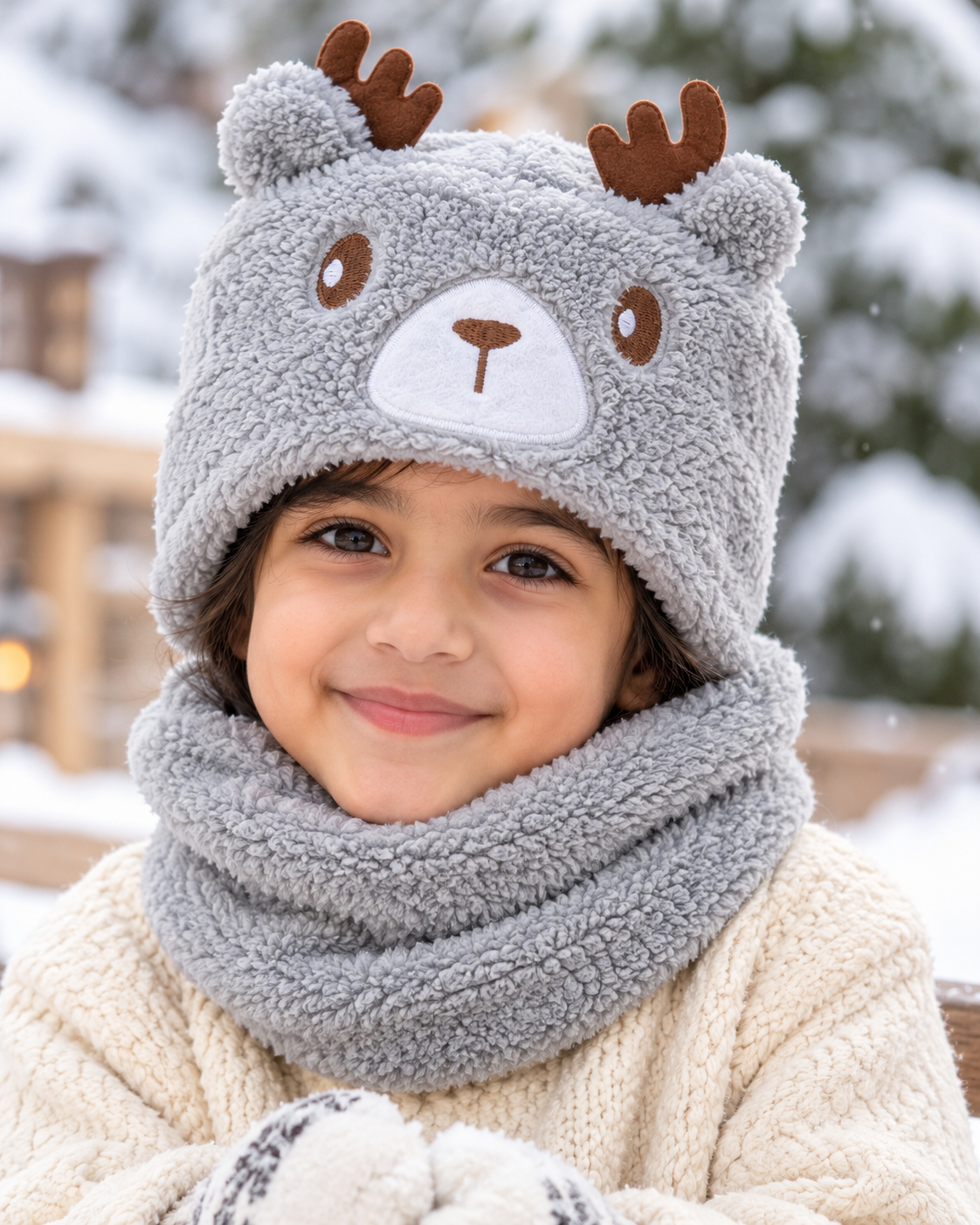 Warm Plush Cap with Neck Warmer-Kids (Horn)