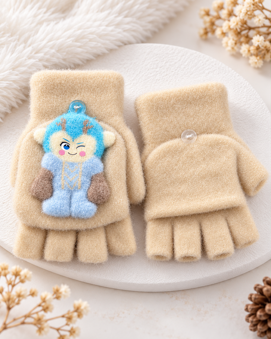Cartoon Character Super Warm Plush Convertible Fingerless Gloves with Flip-Top Mittens | KGN16