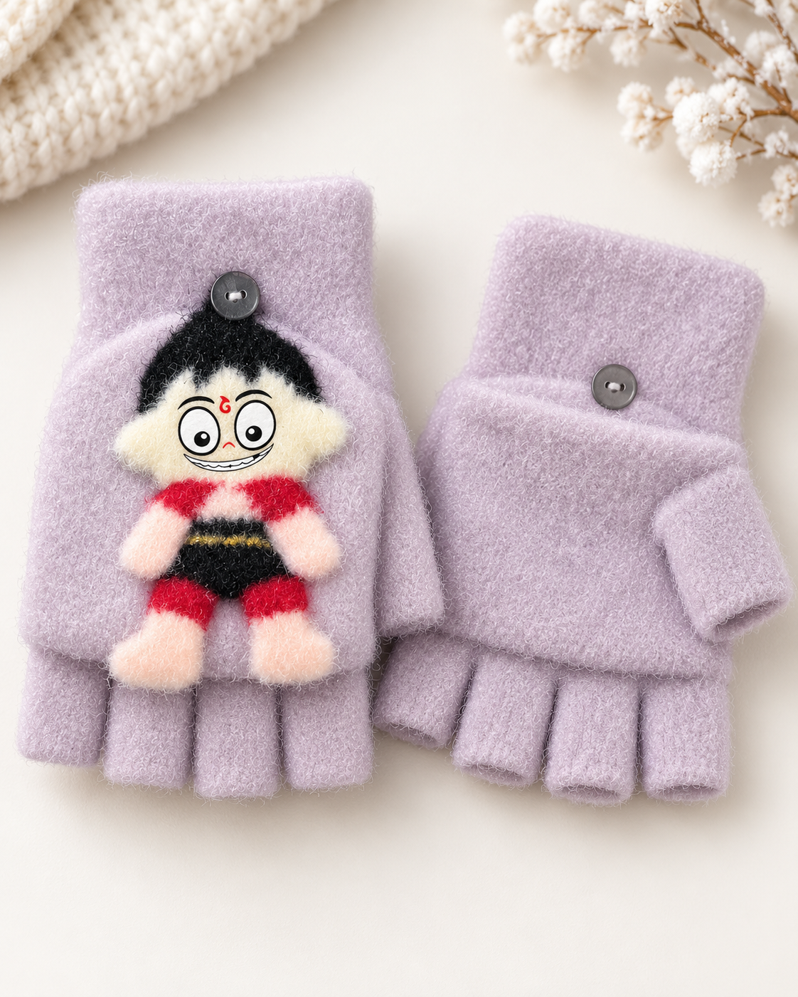 Cartoon Character Super Warm Plush Convertible Fingerless Gloves with Flip-Top Mittens | KGN16