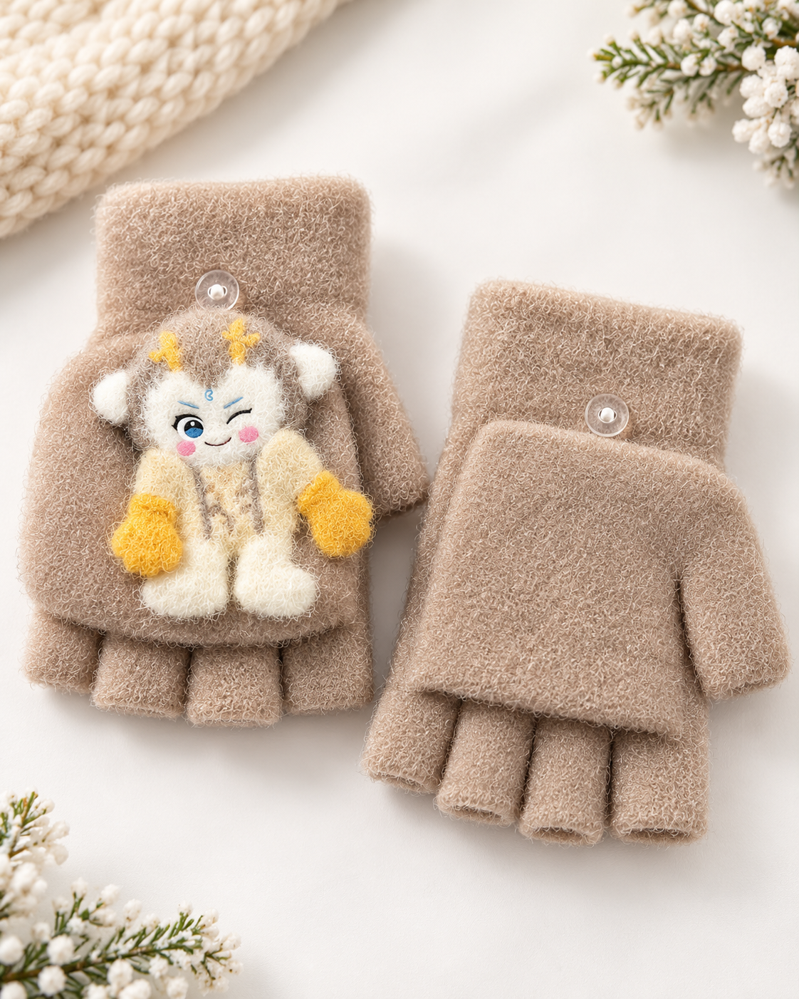 Cartoon Character Super Warm Plush Convertible Fingerless Gloves with Flip-Top Mittens | KGN16