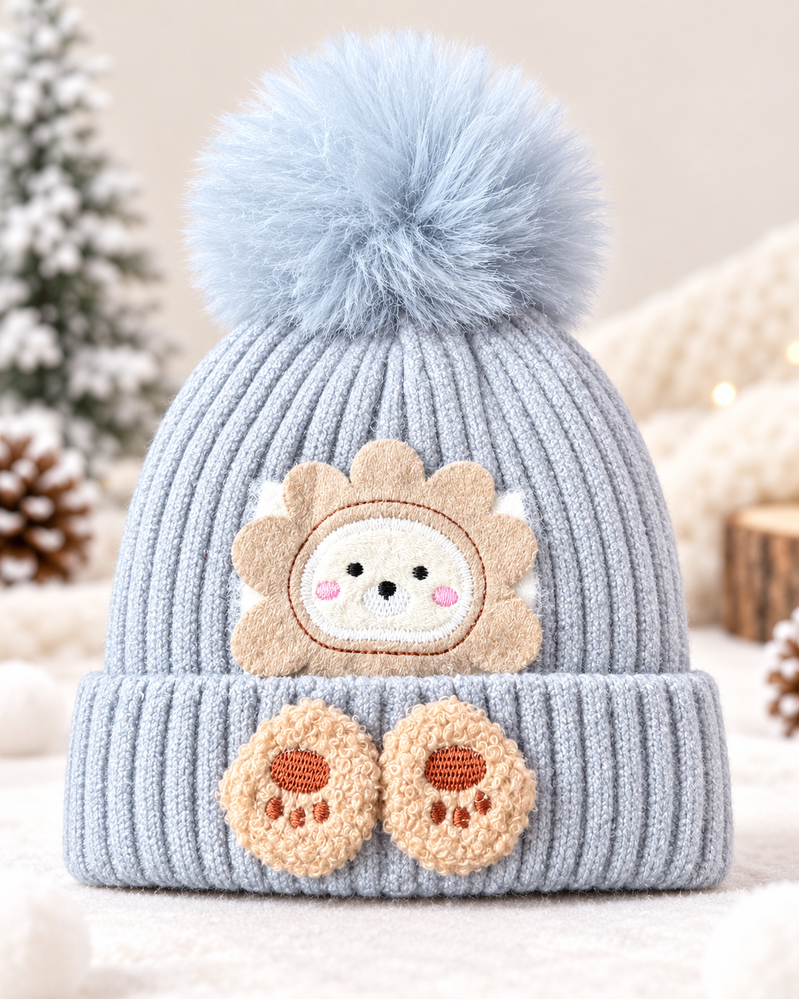 Kids Super Warm Velvet-Lined Pom Pom Winter Cap | Cute Bear Design (3–10 Years)
