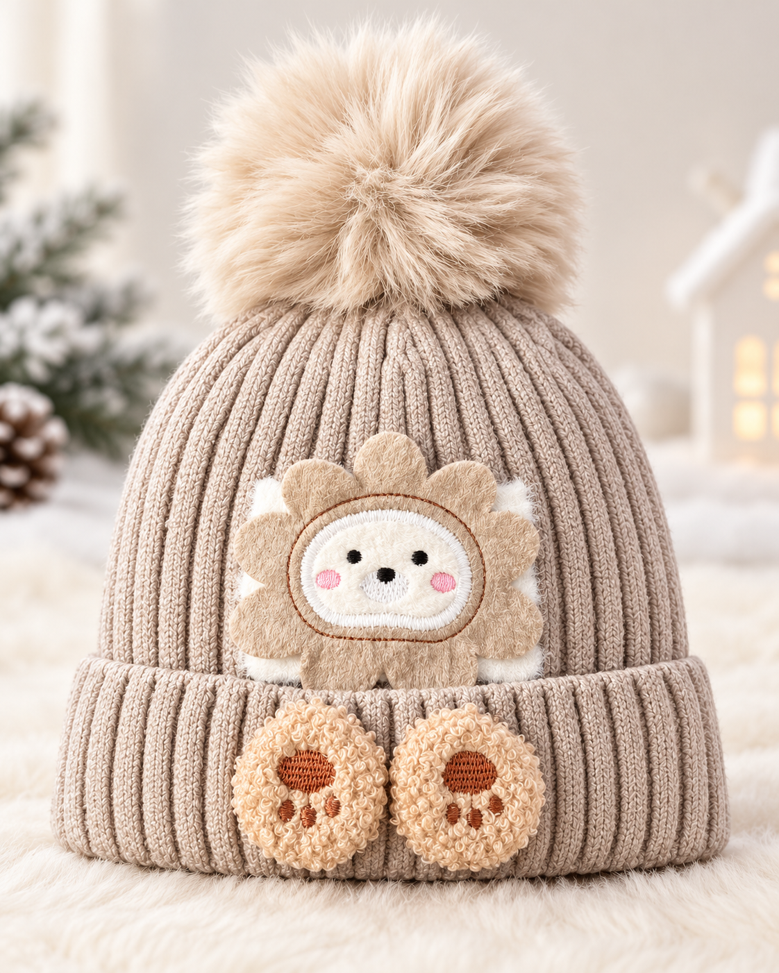 Kids Super Warm Velvet-Lined Pom Pom Winter Cap | Cute Bear Design (3–10 Years)