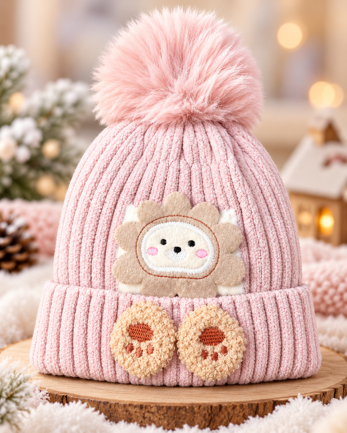 Kids Super Warm Velvet-Lined Pom Pom Winter Cap | Cute Bear Design (3–10 Years)