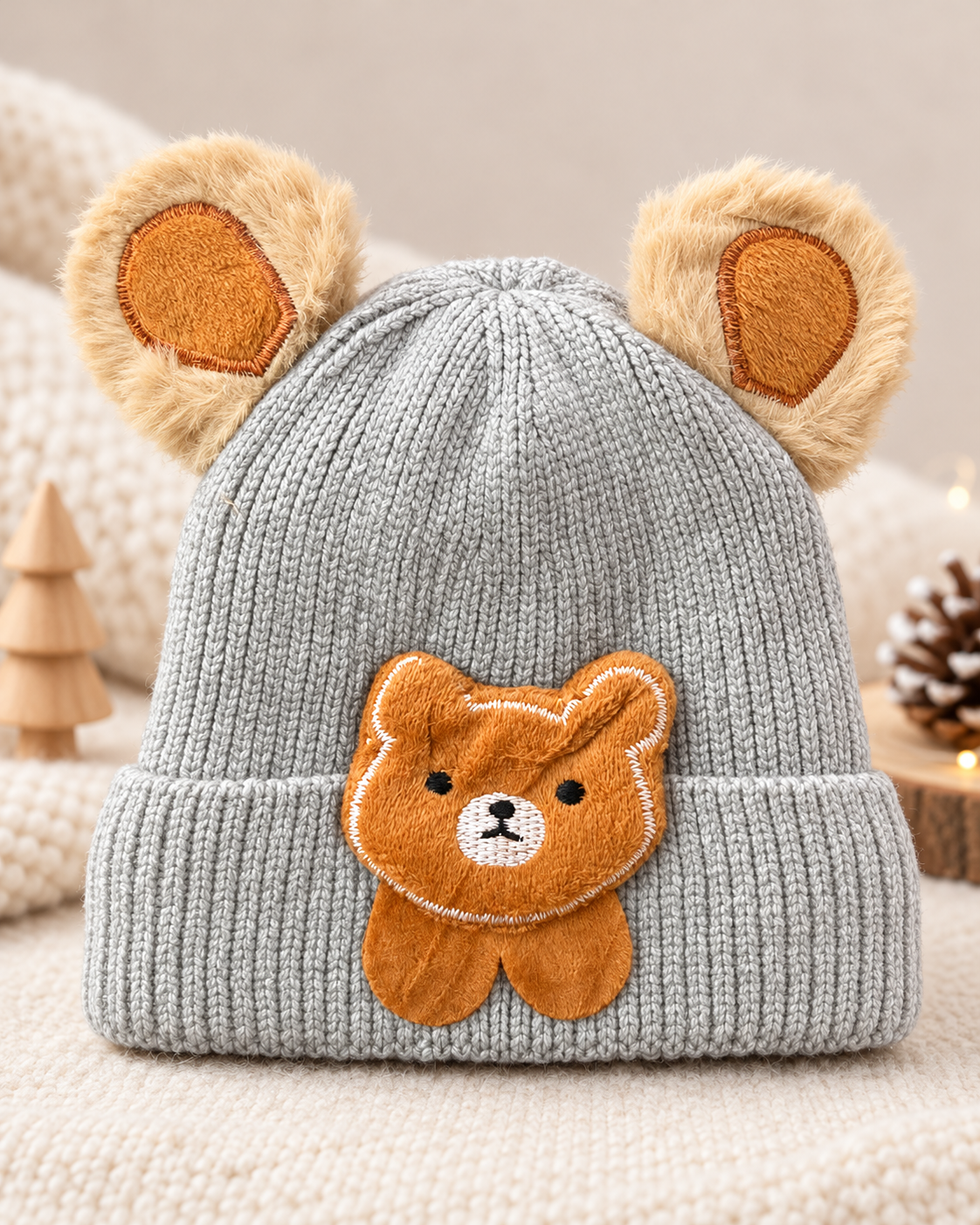 Kids 3D Teddy Bear Ear Winter Cap | Super Warm Velvet-Lined Beanie (1–4 Years)