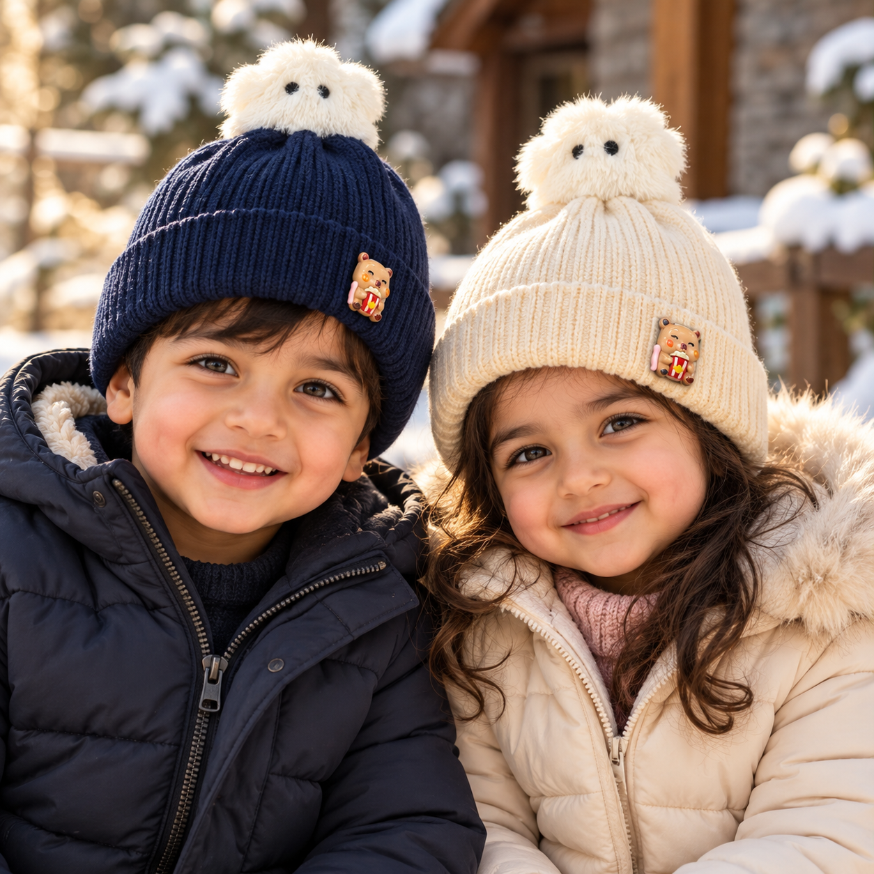 (1–4 Years) Kids Super Warm Velvet-Lined Winter Beanie with Cute Toy Topper (05)