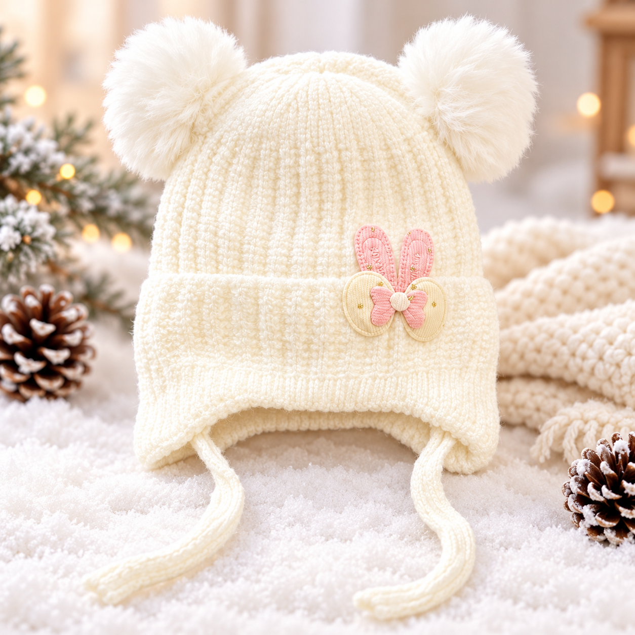 (1–4 Years) Kids Girls Bunny Ear Winter Cap with Double Pom Poms & Velvet Lining (06)