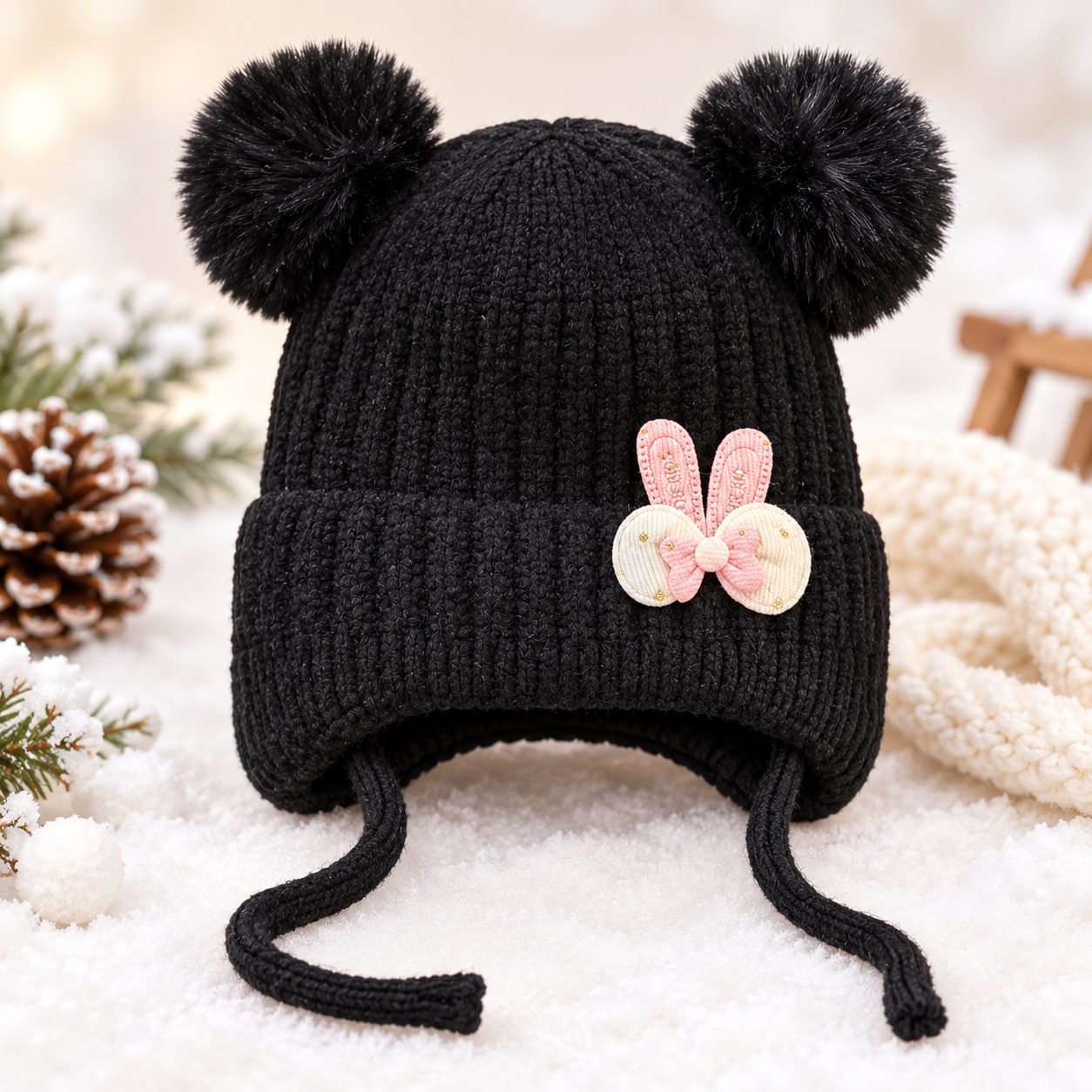 (1–4 Years) Kids Girls Bunny Ear Winter Cap with Double Pom Poms & Velvet Lining (06)