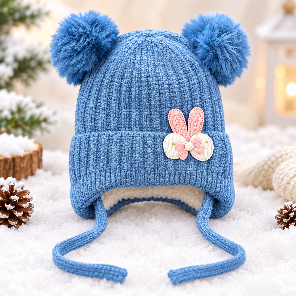 (1–4 Years) Kids Girls Bunny Ear Winter Cap with Double Pom Poms & Velvet Lining (06)