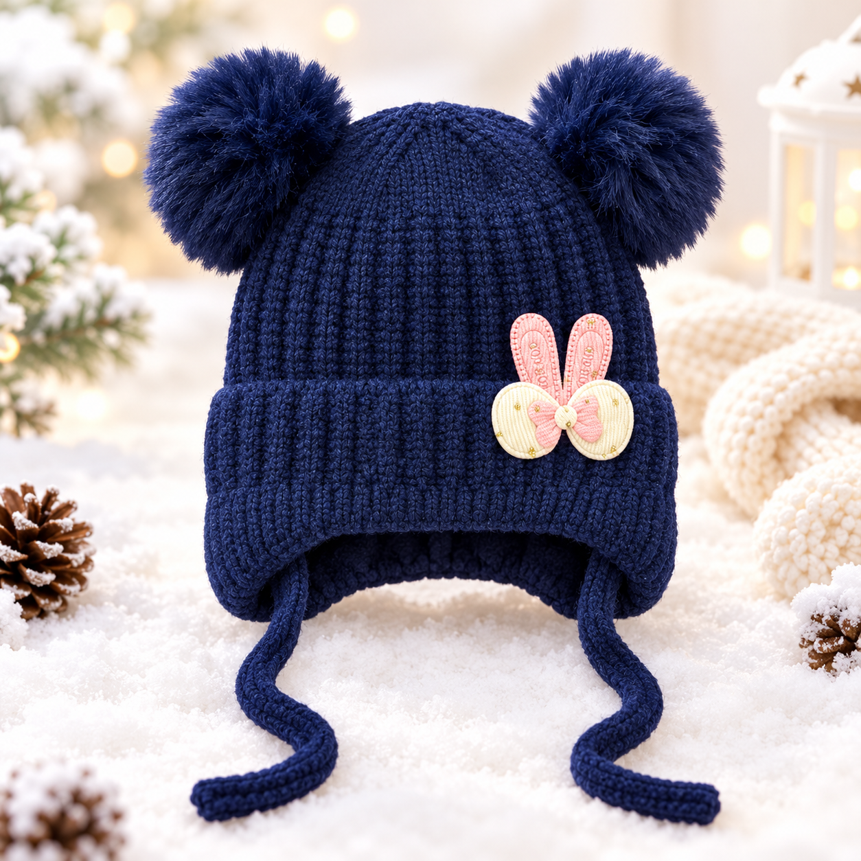 (1–4 Years) Kids Girls Bunny Ear Winter Cap with Double Pom Poms & Velvet Lining (06)