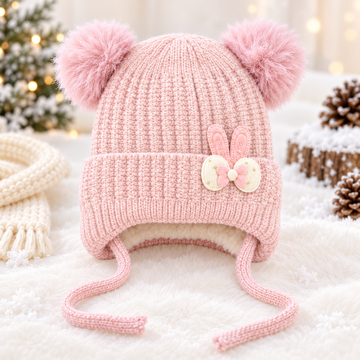(1–4 Years) Kids Girls Bunny Ear Winter Cap with Double Pom Poms & Velvet Lining (06)