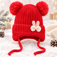 (1–4 Years) Kids Girls Bunny Ear Winter Cap with Double Pom Poms & Velvet Lining (06)