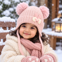 (1–4 Years) Kids Girls Bunny Ear Winter Cap with Double Pom Poms & Velvet Lining (06)