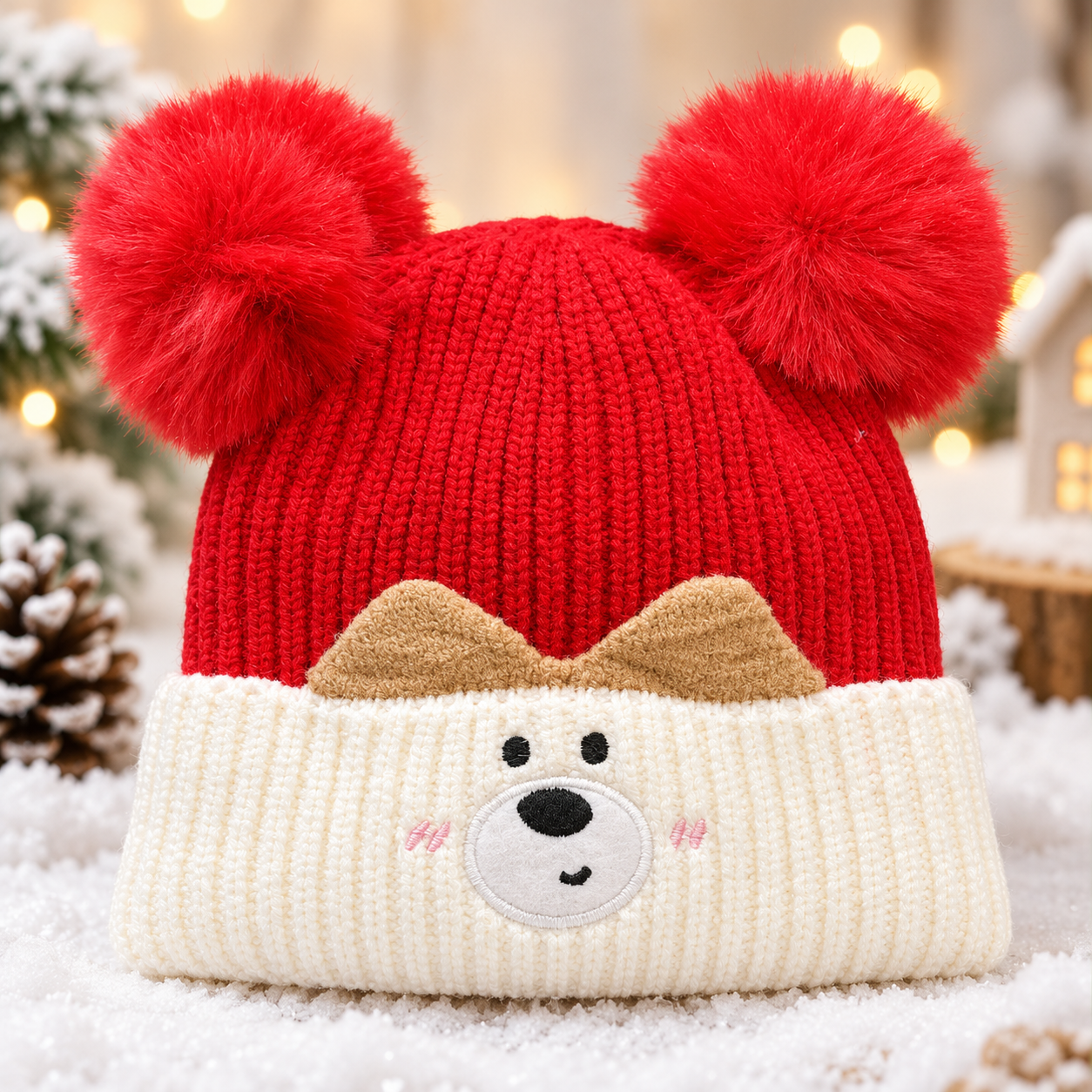 (1–4 Years) Kids Unisex Bear Face Super Warm Velvet-Lined Winter Cap -(08)