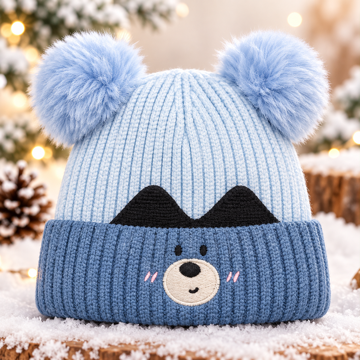 (1–4 Years) Kids Unisex Bear Face Super Warm Velvet-Lined Winter Cap -(08)