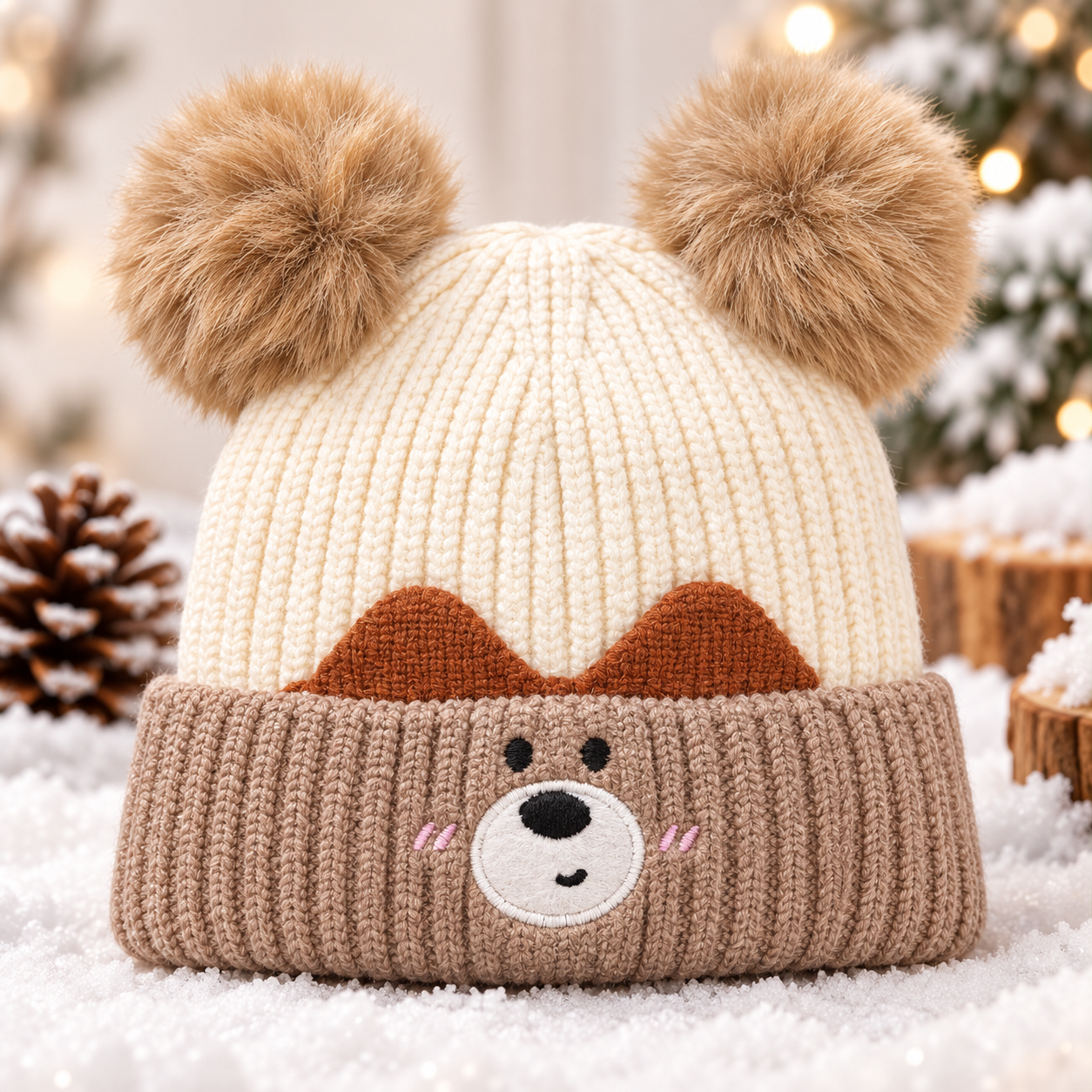 (1–4 Years) Kids Unisex Bear Face Super Warm Velvet-Lined Winter Cap -(08)