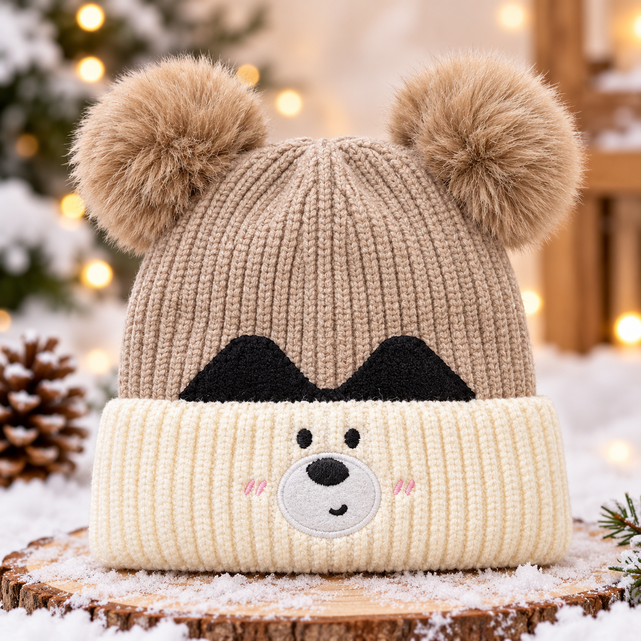 (1–4 Years) Kids Unisex Bear Face Super Warm Velvet-Lined Winter Cap -(08)