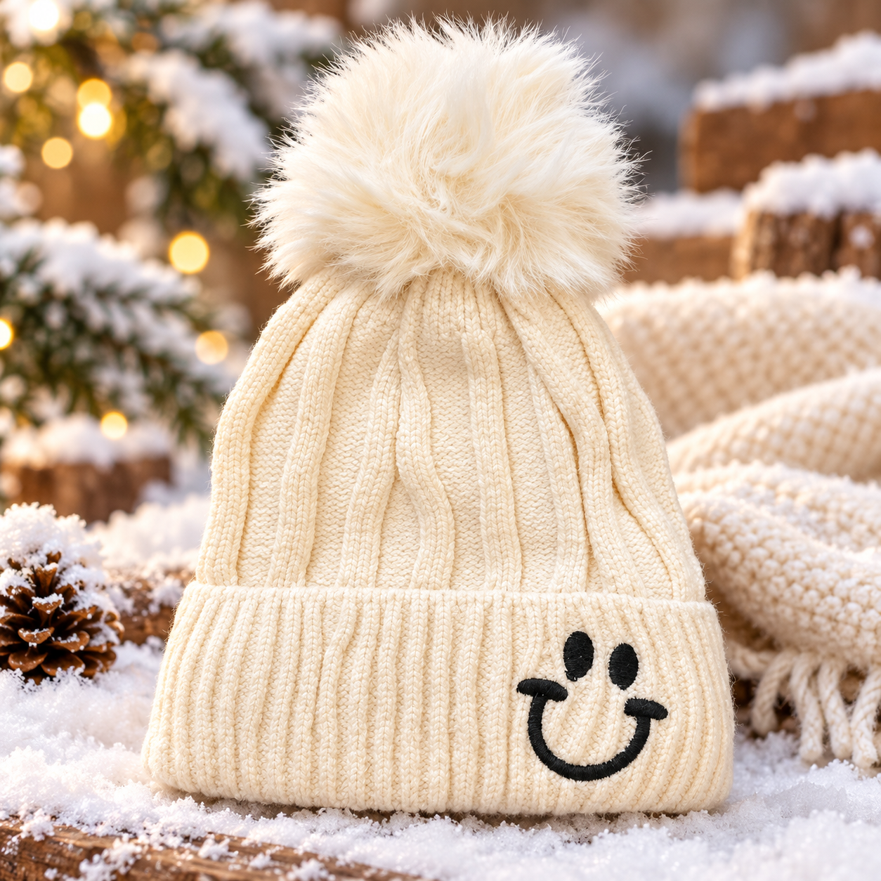 1-4Years Kids Super Warm Smiley Pom Pom Winter Cap with Velvet Lining | (09)