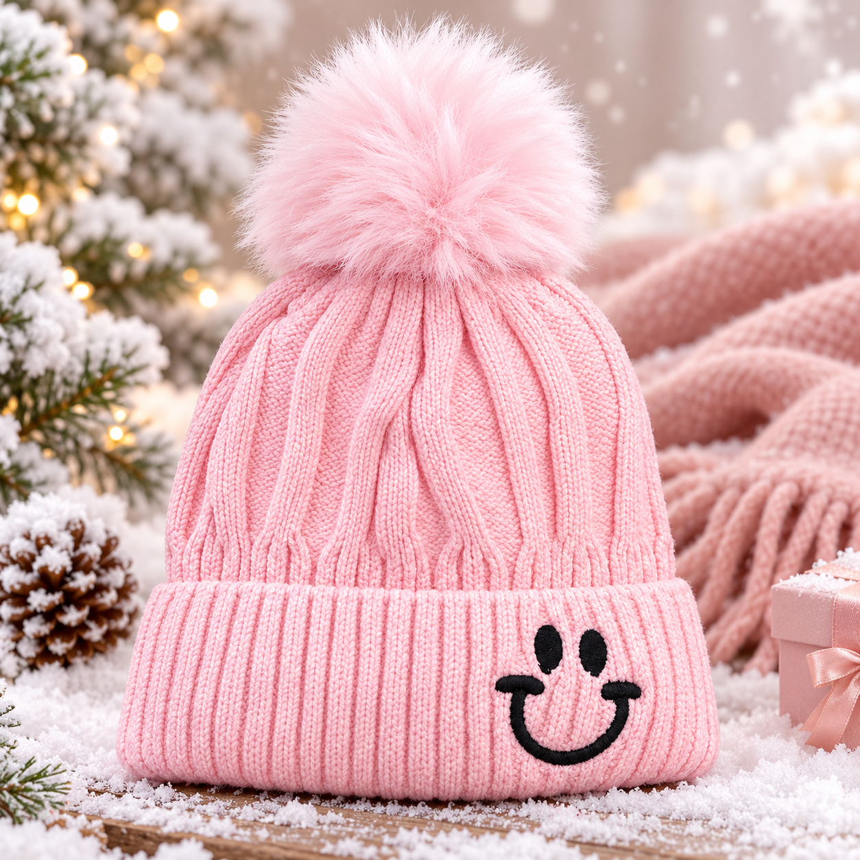 1-4Years Kids Super Warm Smiley Pom Pom Winter Cap with Velvet Lining | (09)