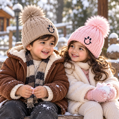 1-4Years Kids Super Warm Smiley Pom Pom Winter Cap with Velvet Lining | (09)