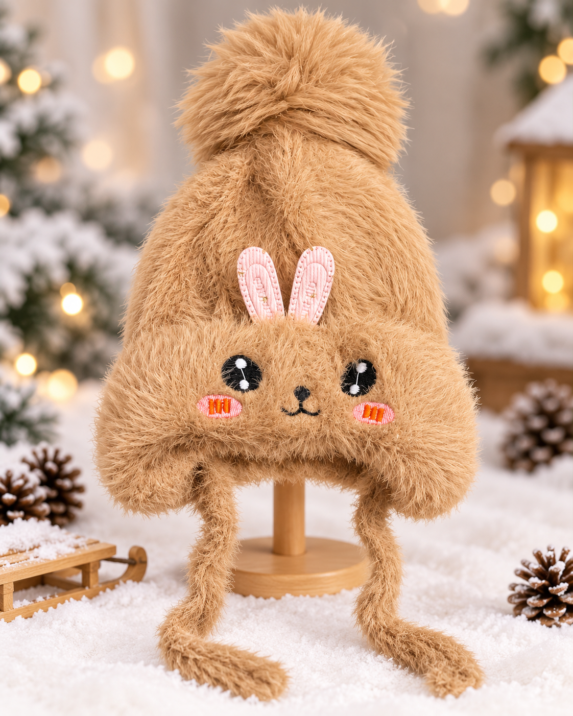 (1–4 Years) Kids Girls Plush Bunny Winter Cap with Velvet Lining & Tie Strings (12)