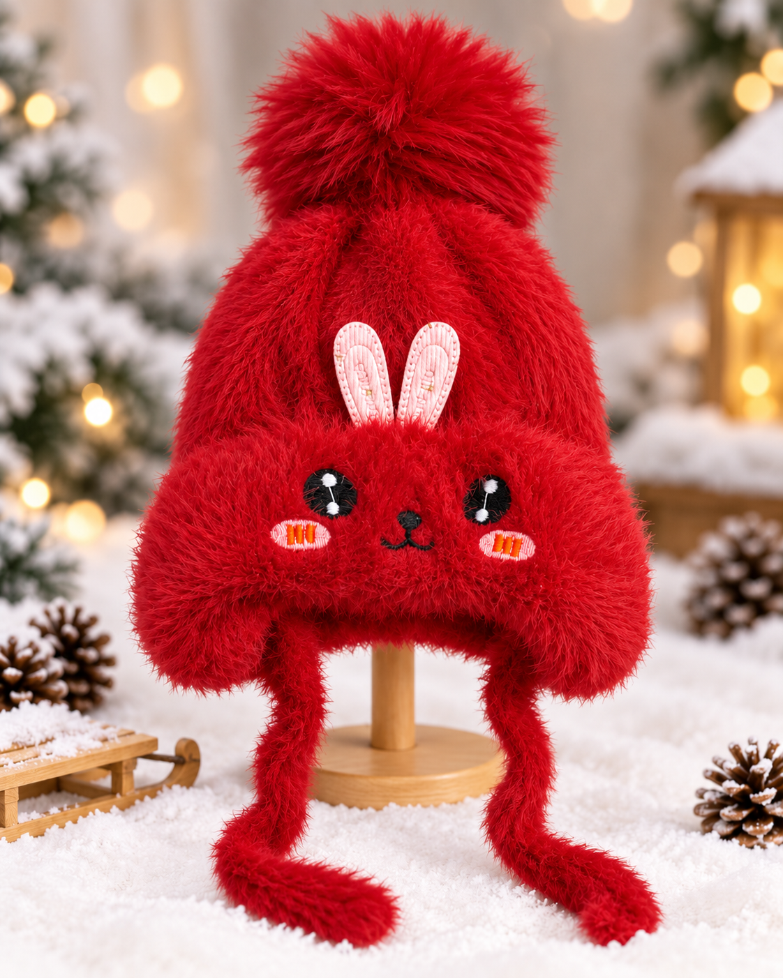 (1–4 Years) Kids Girls Plush Bunny Winter Cap with Velvet Lining & Tie Strings (12)