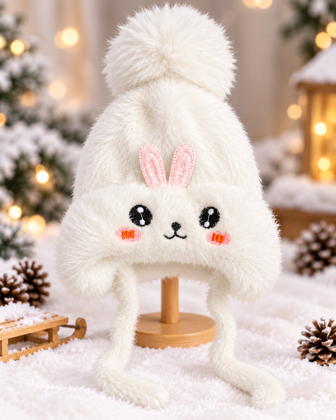 (1–4 Years) Kids Girls Plush Bunny Winter Cap with Velvet Lining & Tie Strings (12)