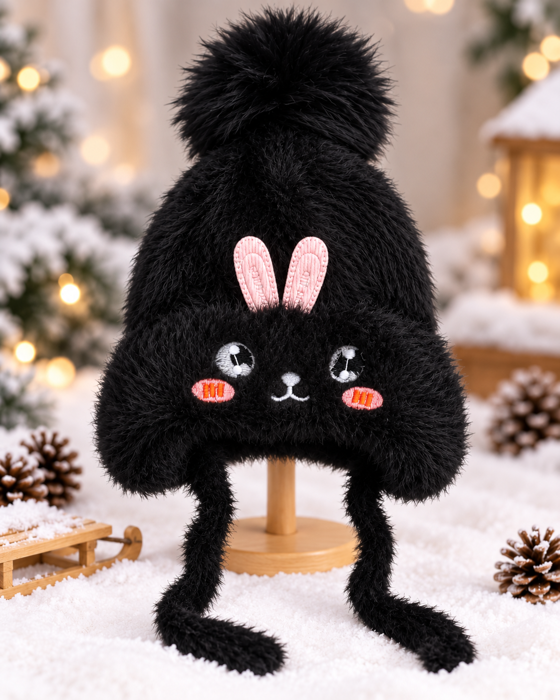 (1–4 Years) Kids Girls Plush Bunny Winter Cap with Velvet Lining & Tie Strings (12)