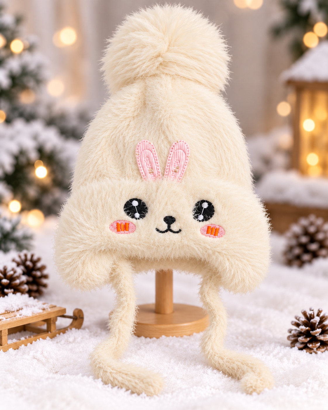 (1–4 Years) Kids Girls Plush Bunny Winter Cap with Velvet Lining & Tie Strings (12)