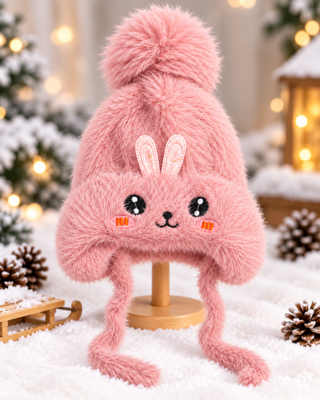 (1–4 Years) Kids Girls Plush Bunny Winter Cap with Velvet Lining & Tie Strings (12)