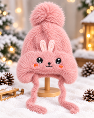 (1–4 Years) Kids Girls Plush Bunny Winter Cap with Velvet Lining & Tie Strings (12)