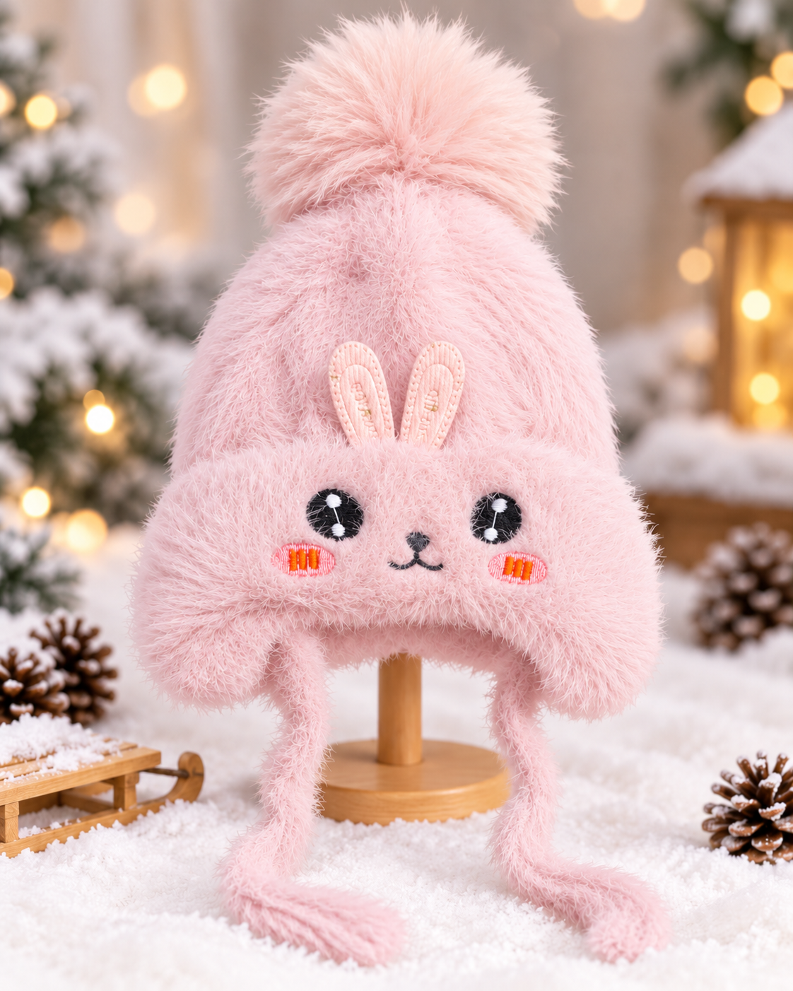 (1–4 Years) Kids Girls Plush Bunny Winter Cap with Velvet Lining & Tie Strings (12)