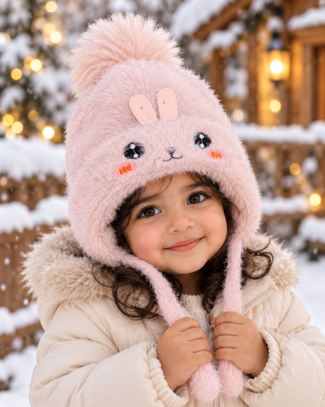 (1–4 Years) Kids Girls Plush Bunny Winter Cap with Velvet Lining & Tie Strings (12)
