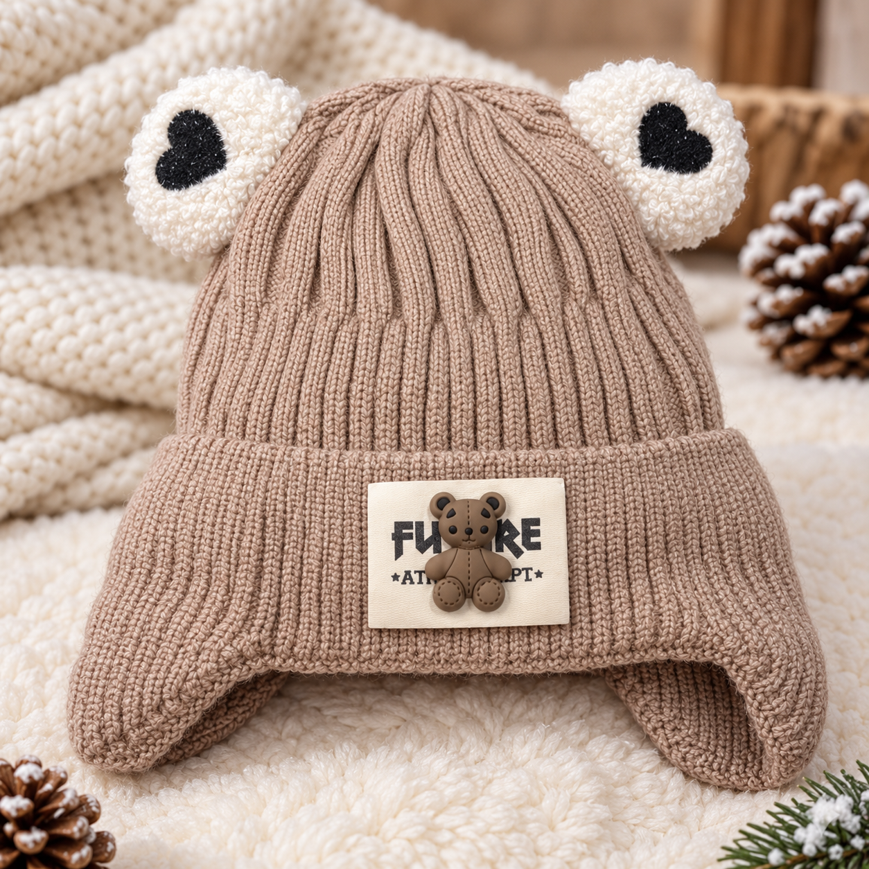 (1-4 Years) Kids Velvet-Lined Bear Ear Winter Cap (14)