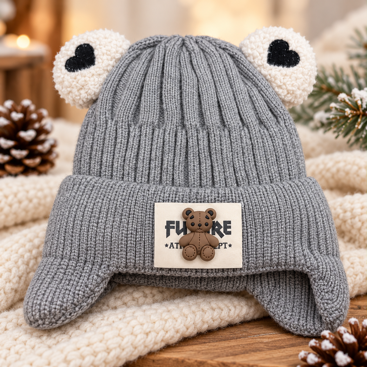 (1-4 Years) Kids Velvet-Lined Bear Ear Winter Cap (14)