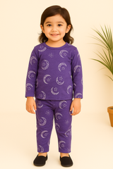 Girls’ Purple Moon & Star Print Pajama Set – Soft Cotton Nightwear