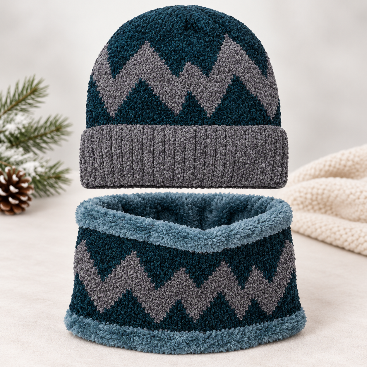 Imported Cap and Neck Warmer Set with Velvet inside –ZIGZAG