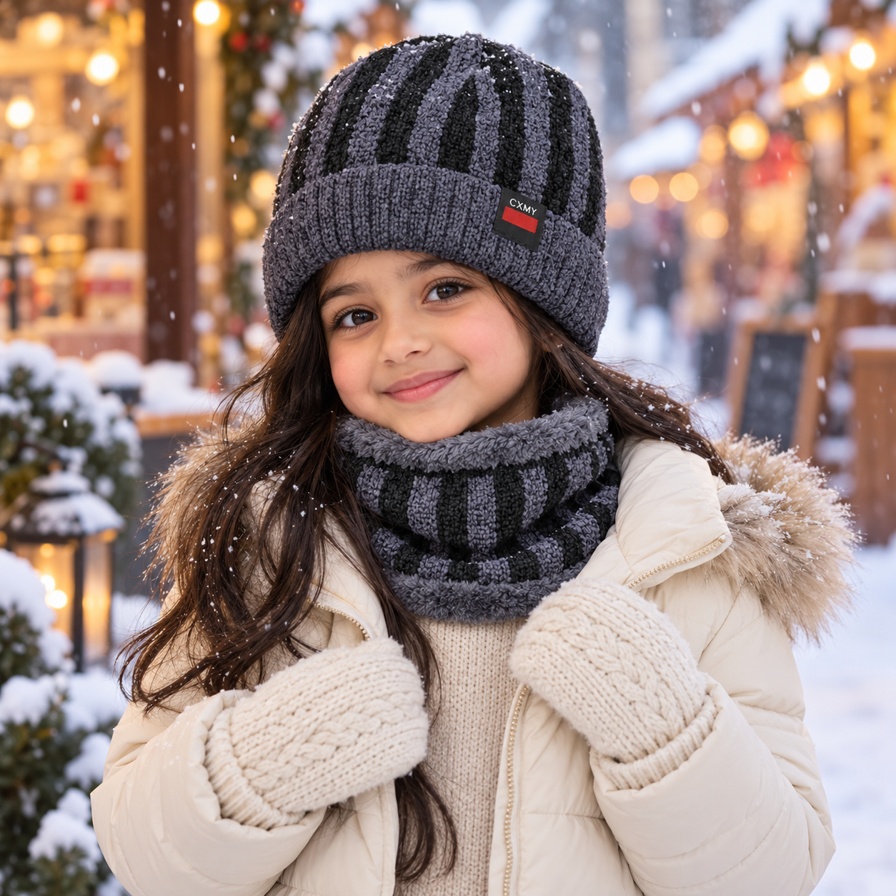 KIDS Super Warm Cap and Neck Warmer set -Lining Pattern