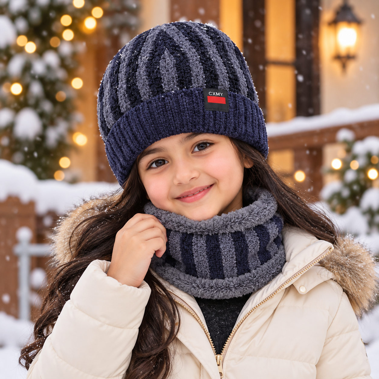 KIDS Super Warm Cap and Neck Warmer set -Lining Pattern