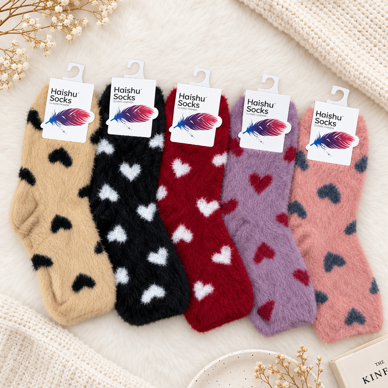 Ultra-Soft Fuzzy Polyamide Heart Crew Socks - Cozy Winter Warmth -PF20