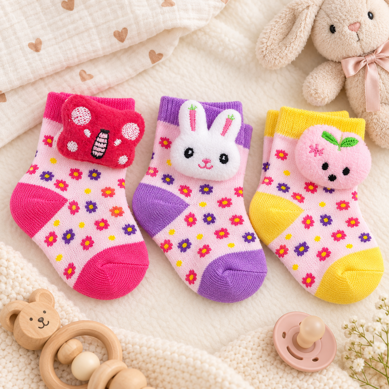 Cute 3D Animal Baby Socks – Soft & Cozy (Pack of 3) | 0–12 Months (girl)