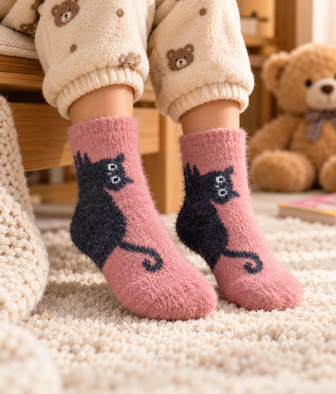 Kids Ultra-Soft Fuzzy Polyamide Cat Crew Socks - Cozy Winter Warmth -KPF07
