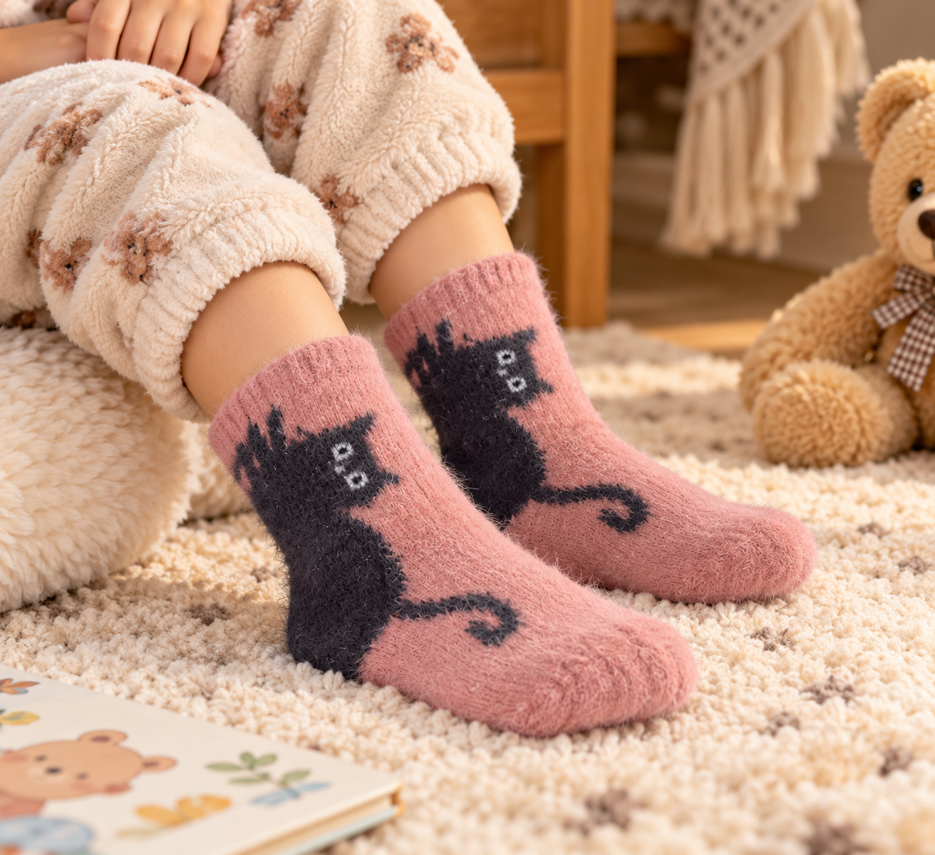 Kids Ultra-Soft Fuzzy Polyamide Cat Crew Socks - Cozy Winter Warmth -KPF07