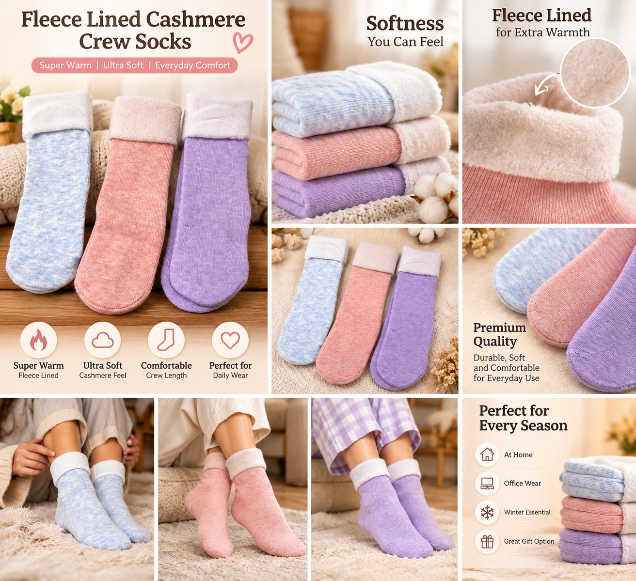 Ladies New Soft Velvet Cashmere Socks (Pastel Colors)