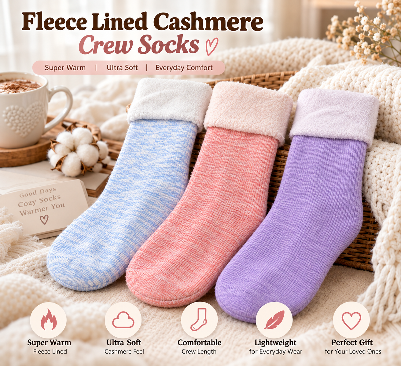 Ladies New Soft Velvet Cashmere Socks (Pastel Colors)