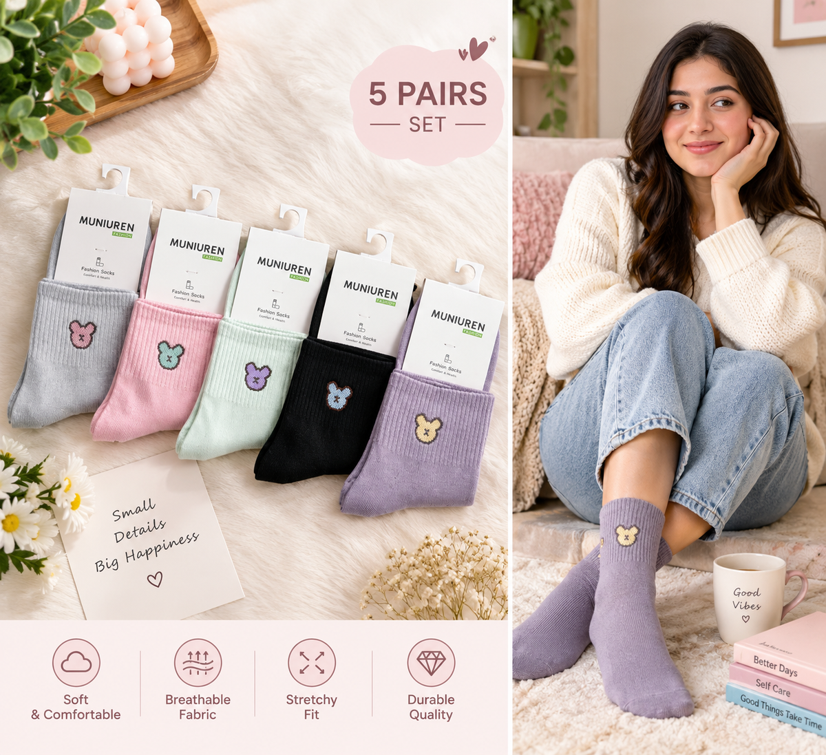 Ladies Warm Winter Crew Socks | Cute Candy Colors & Funky Prints –5Pair | WW01