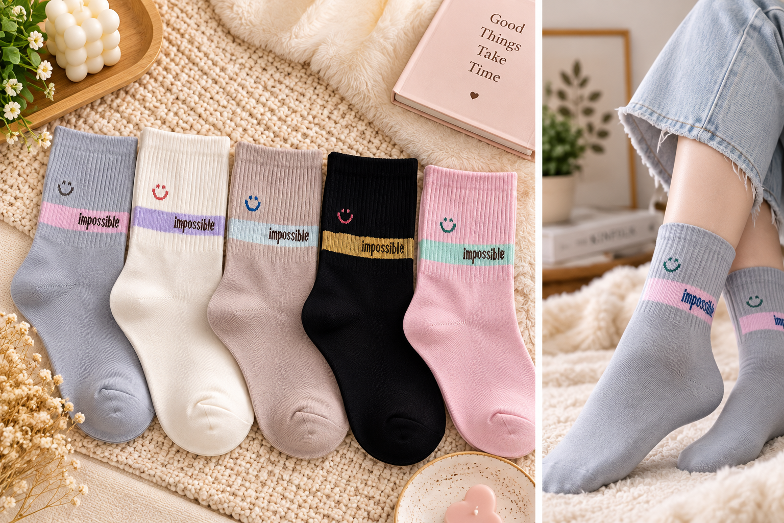 Ladies Warm Winter Crew Socks | Cute Candy Colors & Funky Prints –5Pair | WW04